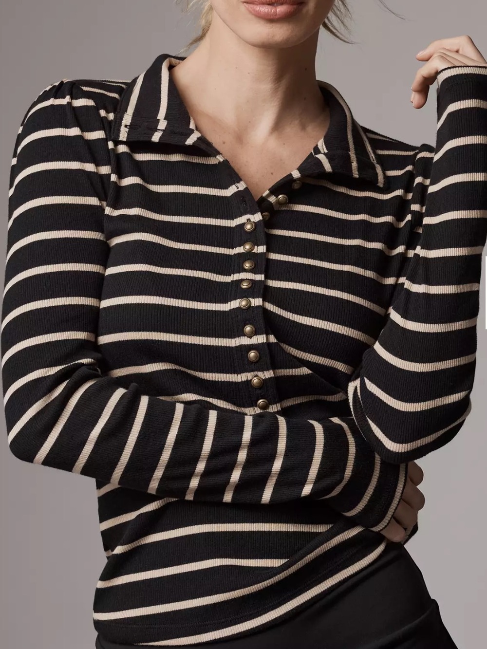 Pilcro Sz S Slim Black & Cream Striped Long-Sleeve Top Anthropologie Classic.